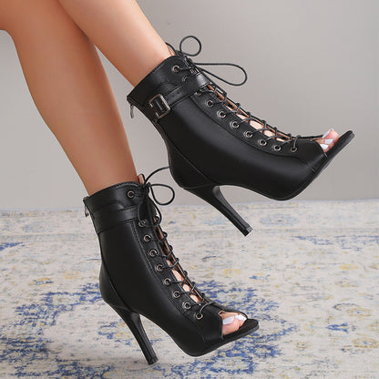 Women's Lace Up High Heel Peep Toe Sandals with Zipper