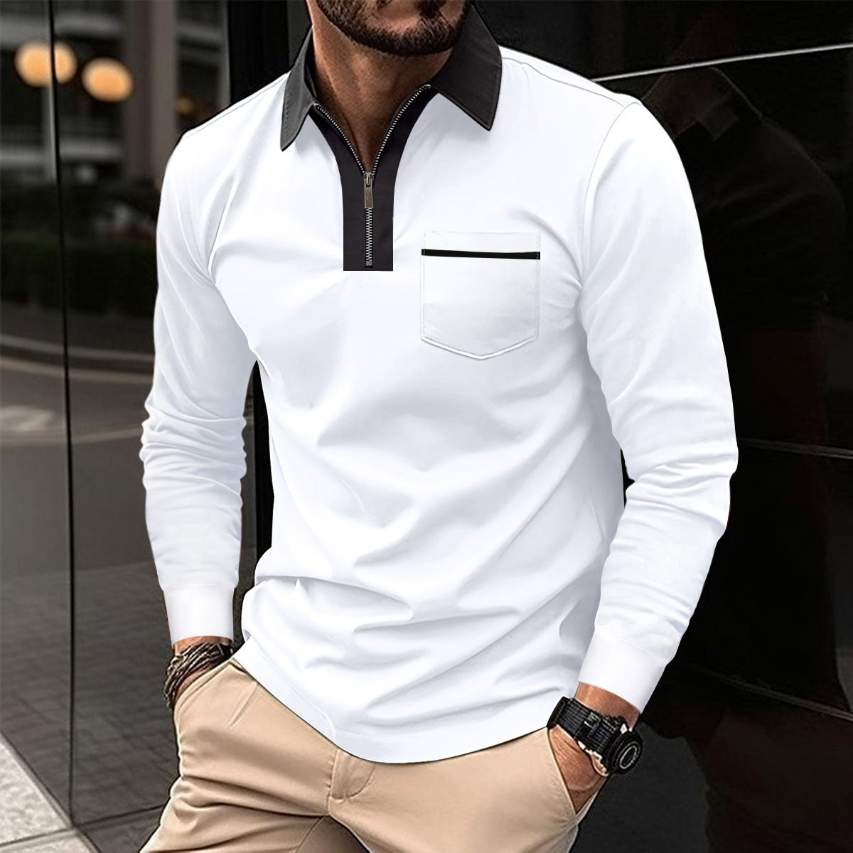Men's Long Sleeve Zipper Polo Shirt Casual Lapel Henley Style - LAKD London