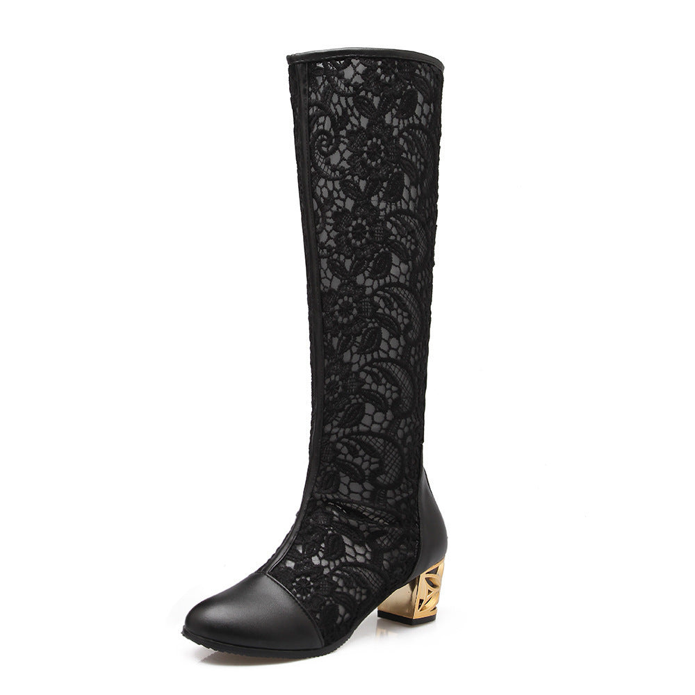 Women's Round Toe Stitching Lace Back Zip Chunky Heel Boots - LAKD London