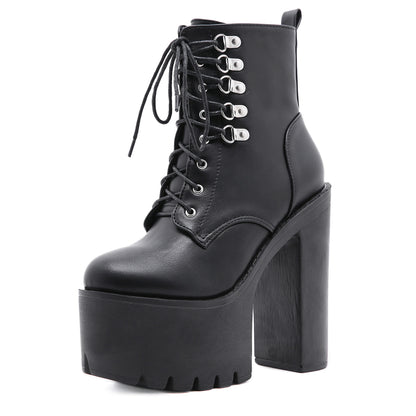 Women's Black Platform Boots Lace Up High Heel Fashion