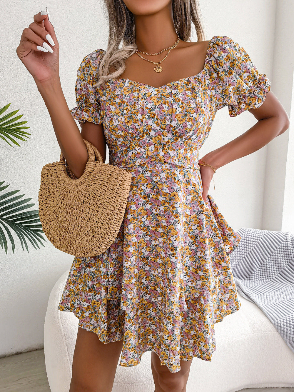 Women's Floral Mini Dress High Waist Swing Summer Style Casual