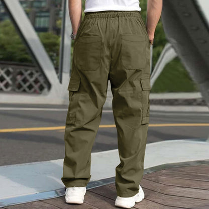 Men's Casual Straight Cargo Trousers Drawstring Waist Pockets Style Everyday