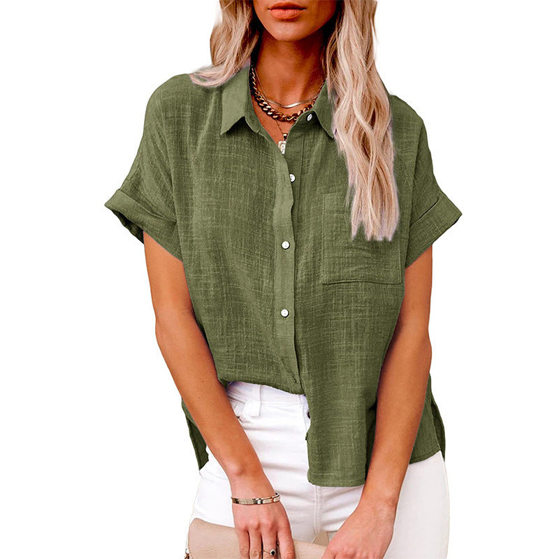 Women's Summer Cotton Short Sleeve Linen Lapel Button Shirt - LAKD London