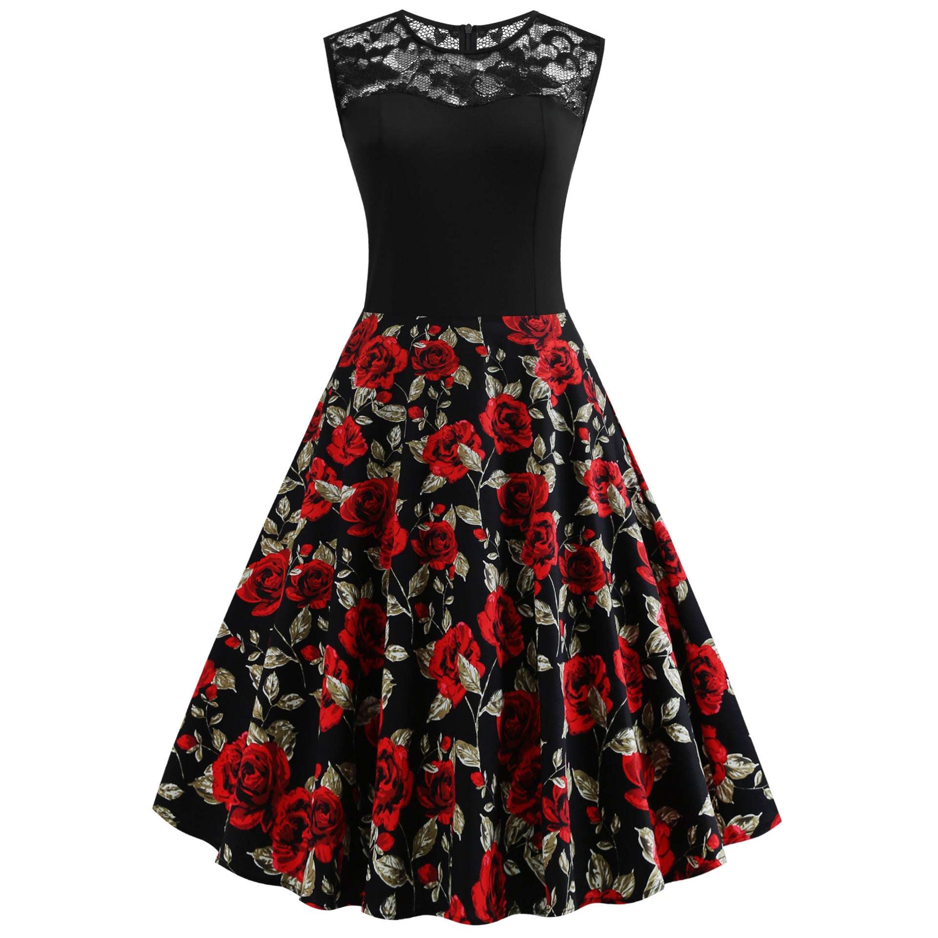 Women's Sleeveless Floral Retro Dress Lace Stitching Mid Length Cotton - LAKD London