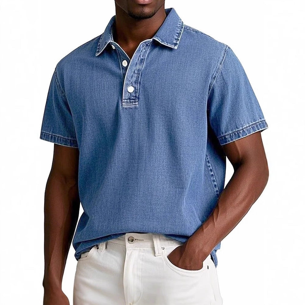 Men's Solid Colour Vintage Short Sleeve Lapel Polo Shirt Casual