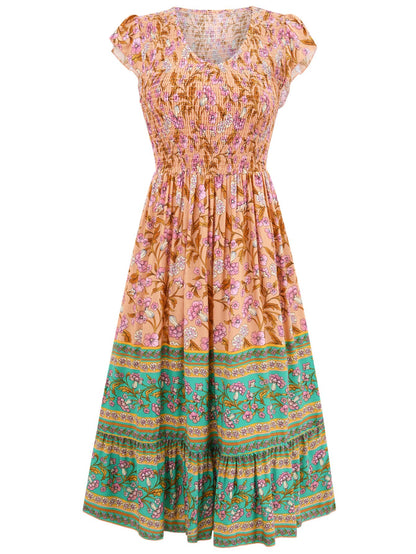 Women's Floral V-Neck Ruffle Sleeveless Bohemian Summer Beach Dress