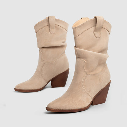 Women's Chunky Heel Mid Calf Boots Brown Pointed Toe Fashion