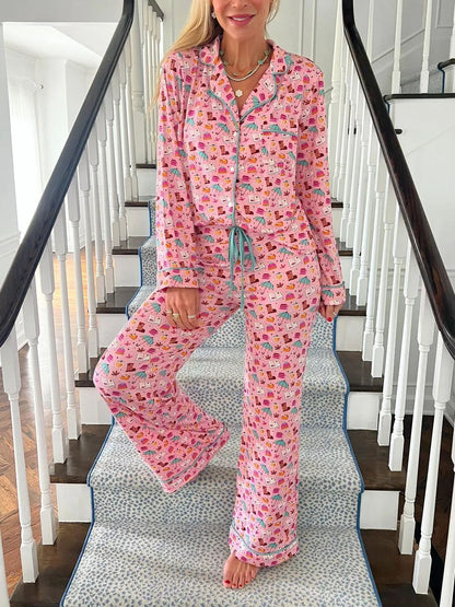 Women's Autumn Floral Comfortable Two-Piece Pyjama Homewear Set Casual