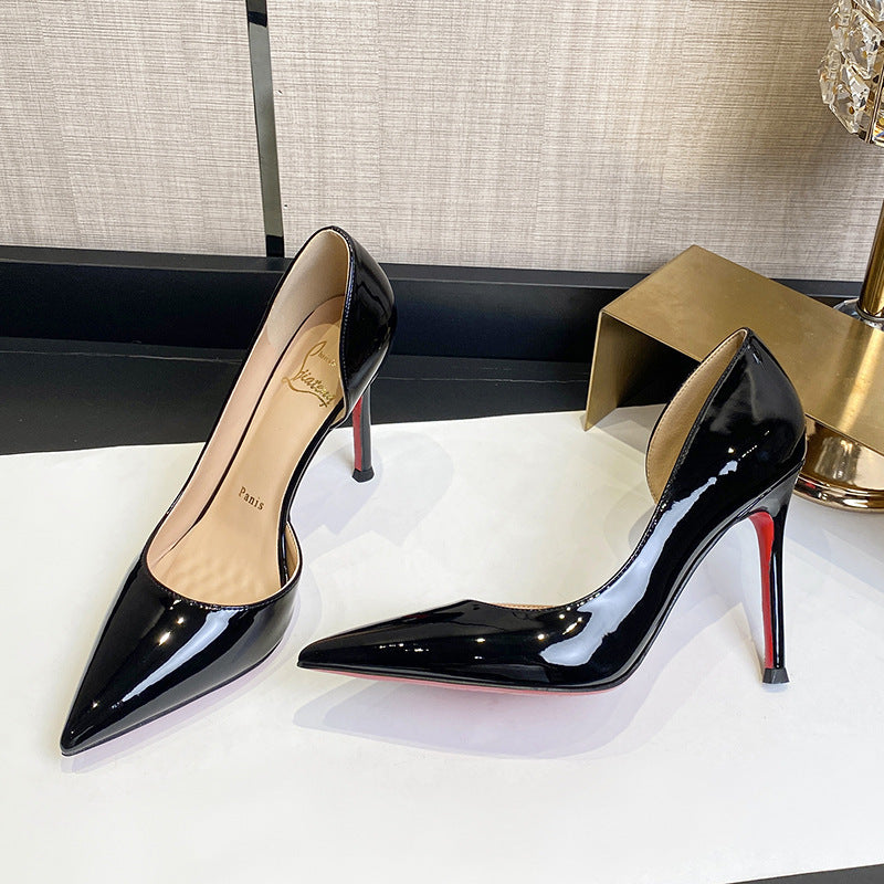 Women's Side Empty Nude Patent Pointed Stiletto Court High Heels
