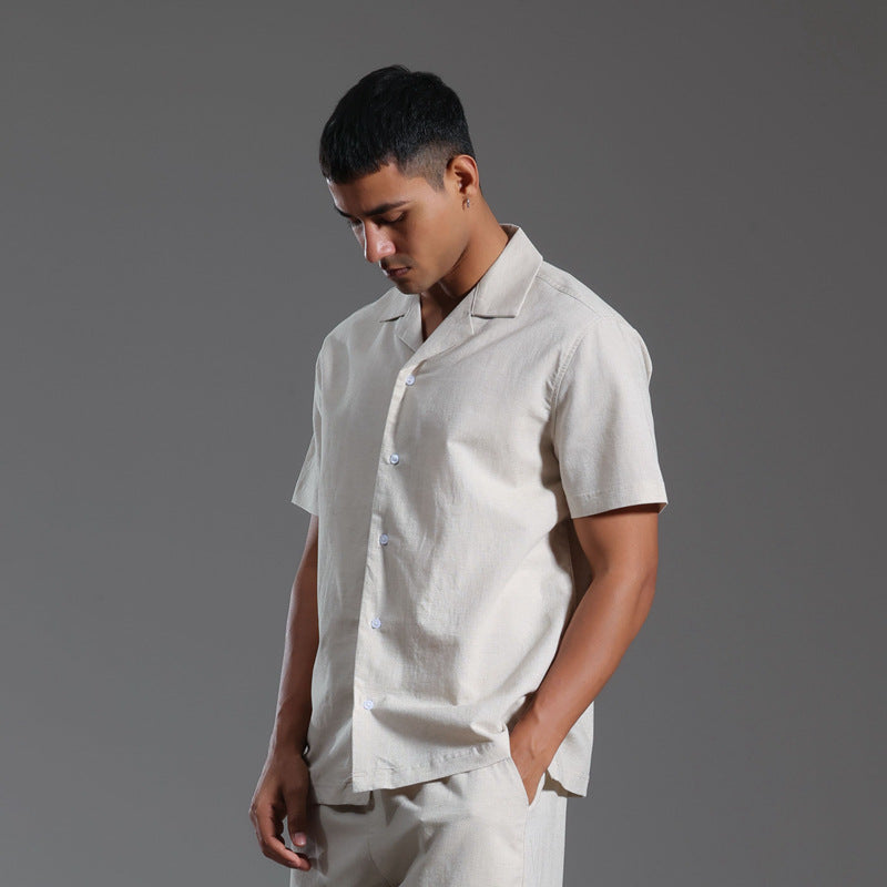 Men's Cuban Collar Cotton Linen Short Sleeve Summer Shirt Casual