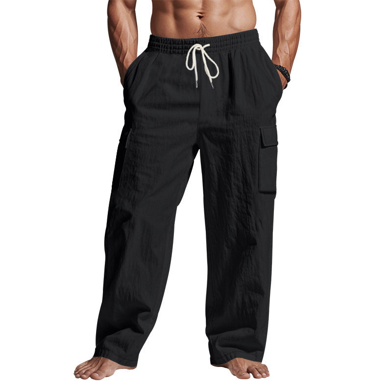 Men's Multi-Pocket Linen Cargo Trousers Straight Leg Casual Wear - LAKD London