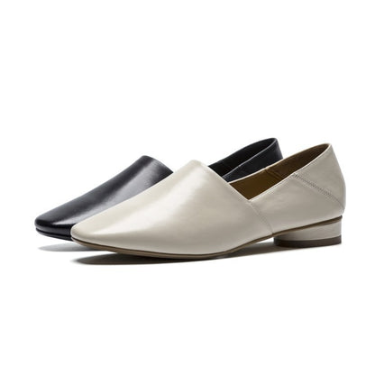 Women's Flat Sole Cowhide Shoes | Low-heel Deep Mouth Square Head Shoes - LAKD London
