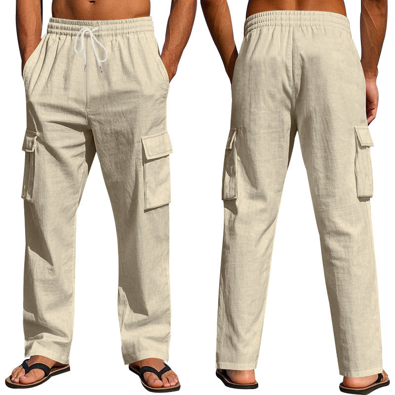 Men's Multi-Pocket Linen Cargo Trousers Straight Leg Casual Wear - LAKD London