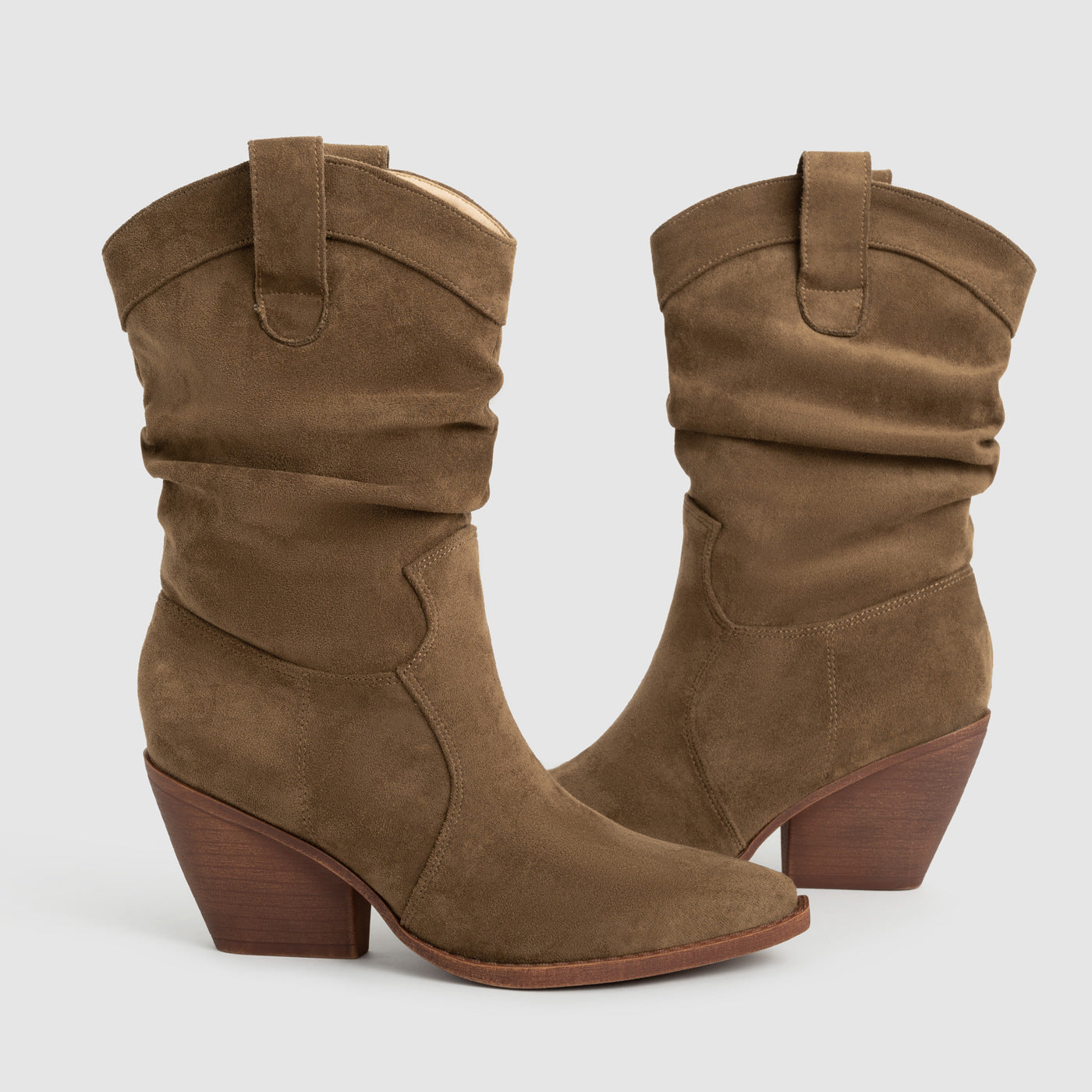 Women's Chunky Heel Mid Calf Boots Brown Pointed Toe Fashion