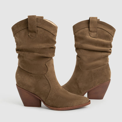 Women's Chunky Heel Mid Calf Boots Brown Pointed Toe Fashion