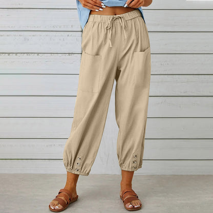 Women's Drawstring Tie Cotton Linen Trousers With Pockets Casual Style