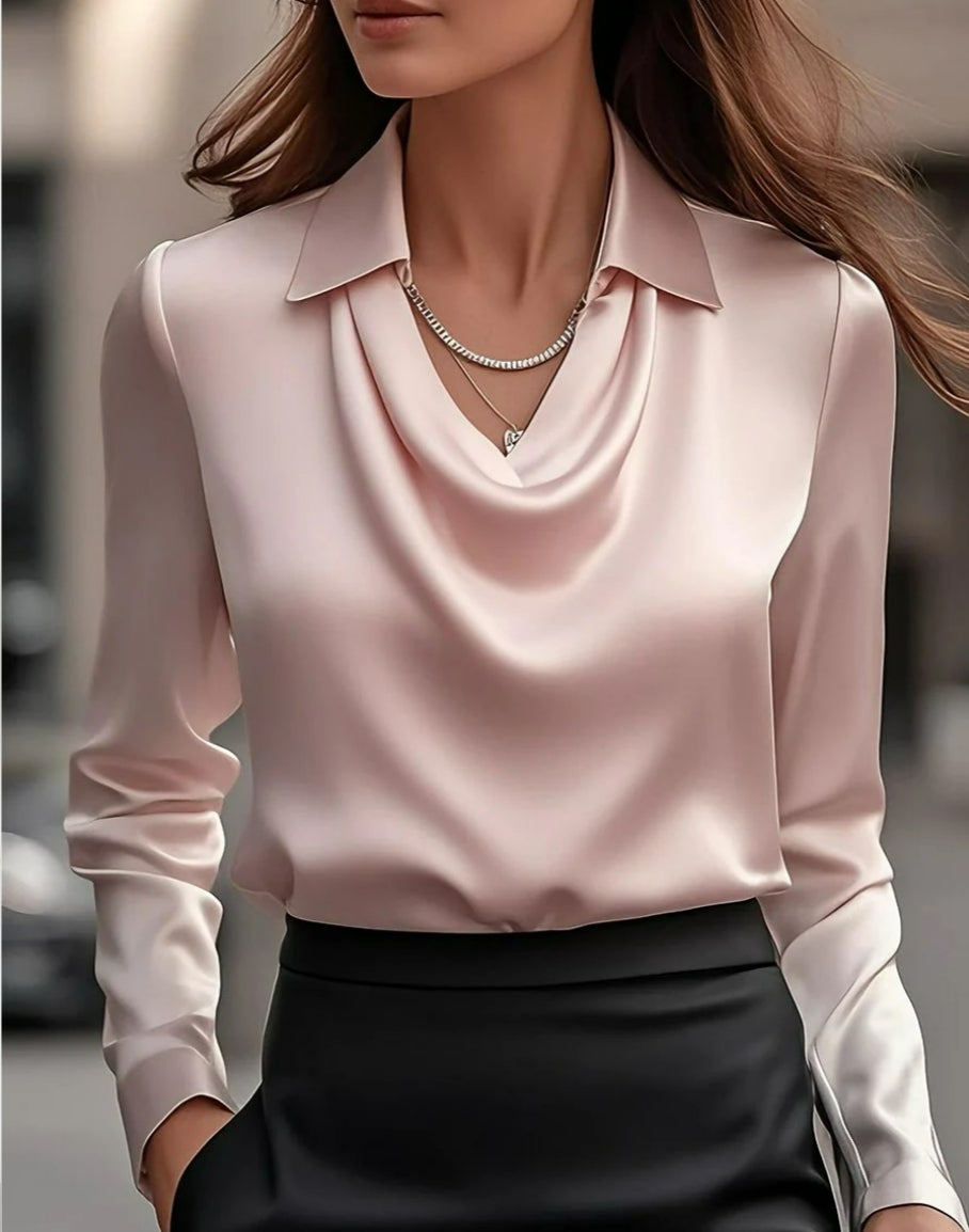 Women's Draped Cowl Neck Satin Blouse Elegant Long Sleeve Office