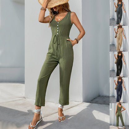 Women's V Neck Sleeveless Jumpsuit With Belt Pockets Casual Style - LAKD London