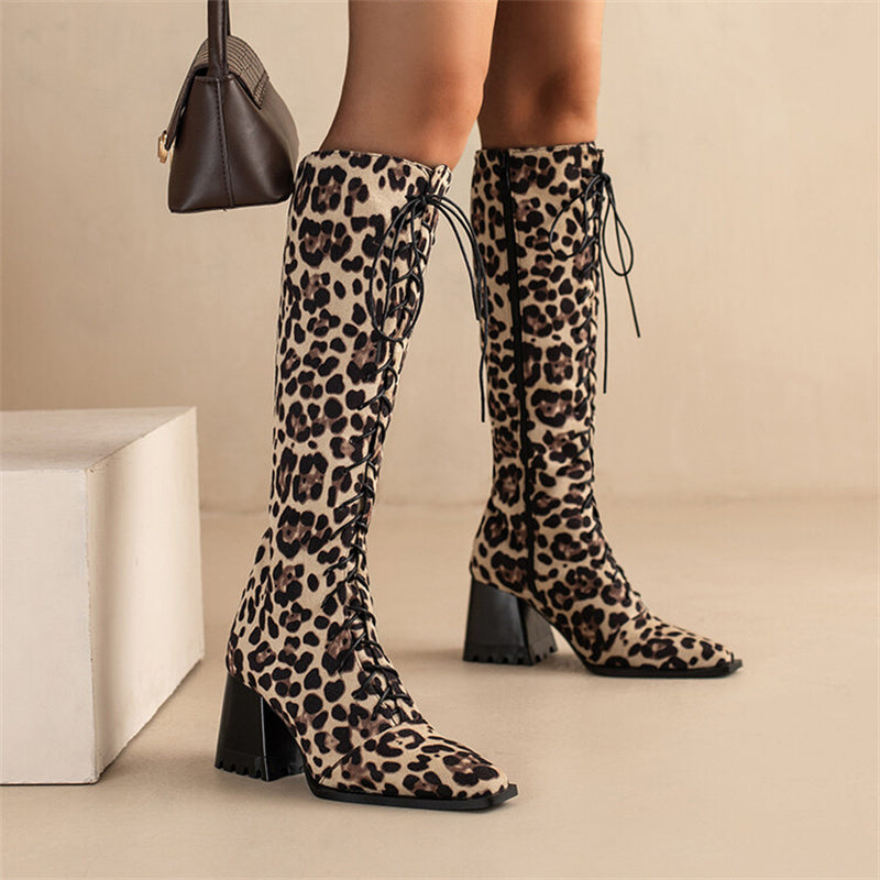 Womens Vintage Print Boots With Pointed Toes And Thick Heels - LAKD London