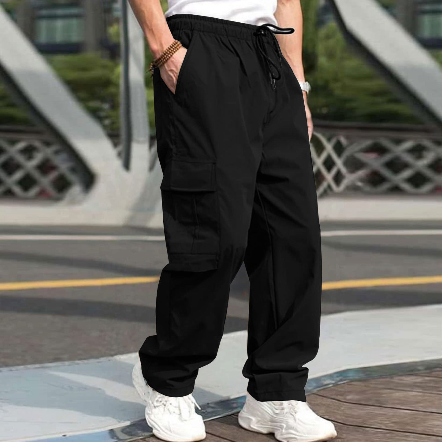 Men's Casual Straight Cargo Trousers Drawstring Waist Pockets Style Everyday