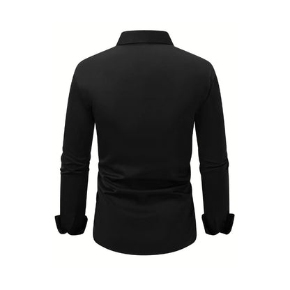 Men's solid color button-down long sleeve summer lapel shirt by LAKD, shown in a relaxed fit with a classic collar and sleek design.