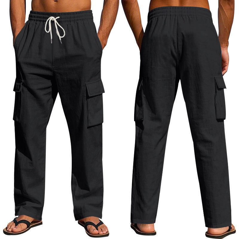 Men's Multi-Pocket Linen Cargo Trousers Straight Leg Casual Wear - LAKD London
