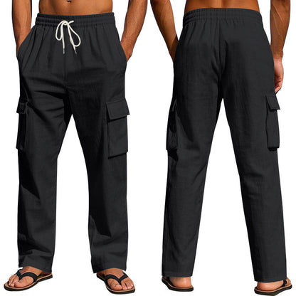 Men's Multi-Pocket Linen Cargo Trousers Straight Leg Casual Wear - LAKD London