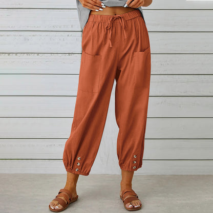 Women's Drawstring Tie Cotton Linen Trousers With Pockets Casual Style