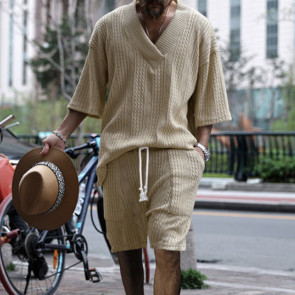 Men's Casual Jacquard Summer Two-Piece V-Neck Shorts Set