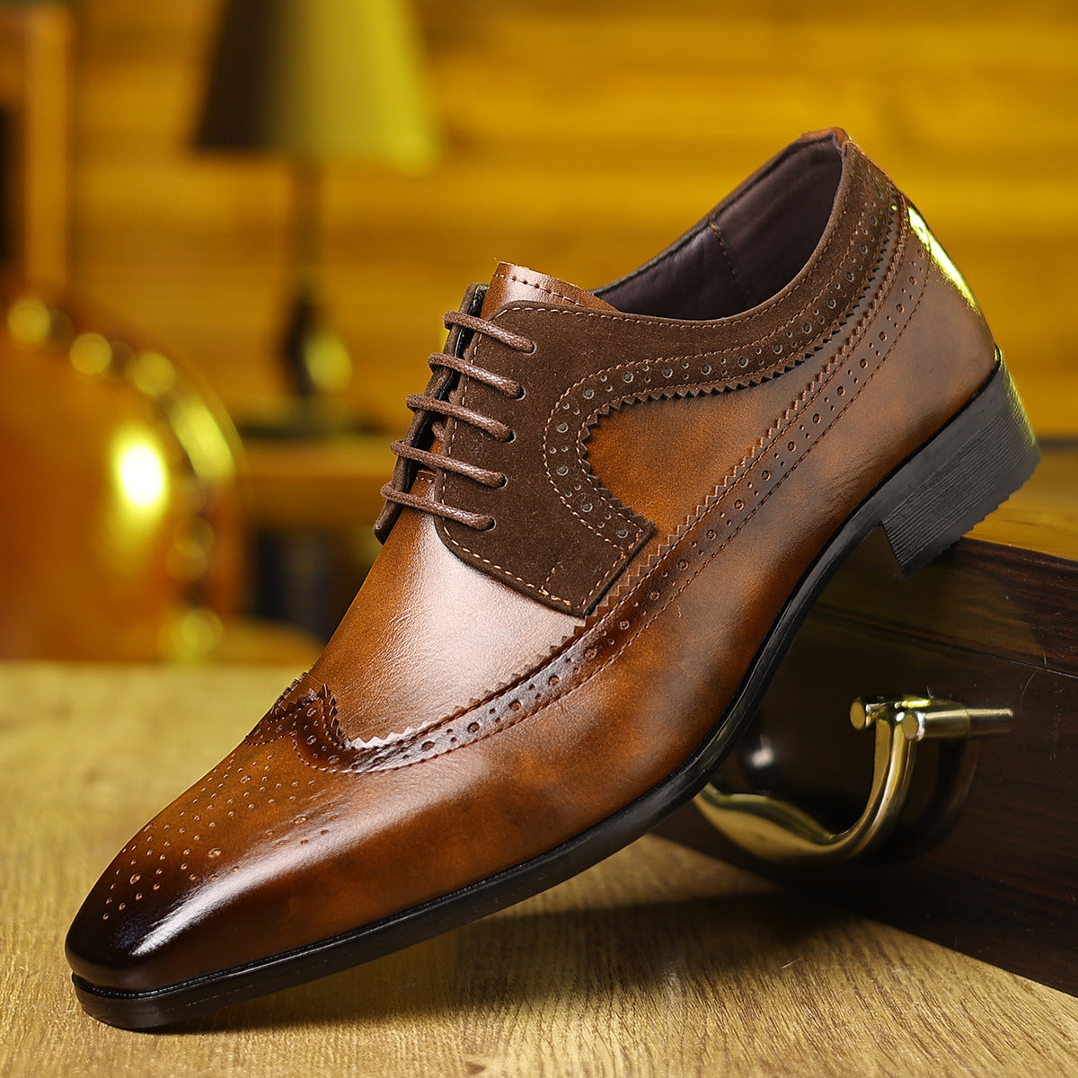 Men's two-tone brogue Oxford shoes by LAKD with wingtip design, formal style, and elegant craftsmanship.
