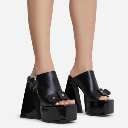 Womens Square Toe Exposed Color Blocked Chunky Super High Heels - LAKD London