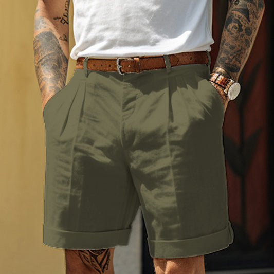 Men's Pleated Pocket Straight Leg Summer Cotton Linen Shorts Loose