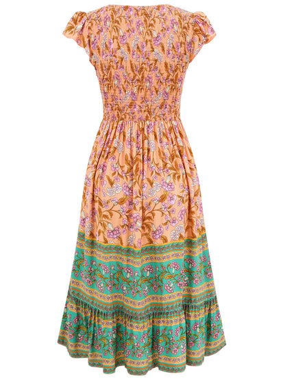 Women's Floral V-Neck Ruffle Sleeveless Bohemian Summer Beach Dress