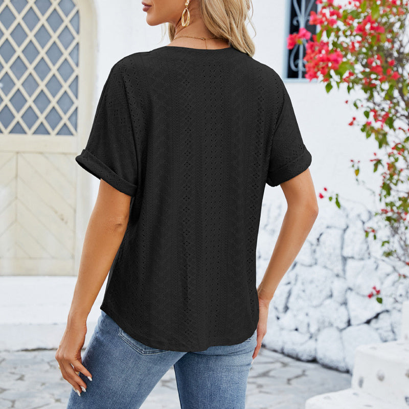 Women's Short Sleeved V Neck Rolled Hem Summer Casual T-Shirt - LAKD London