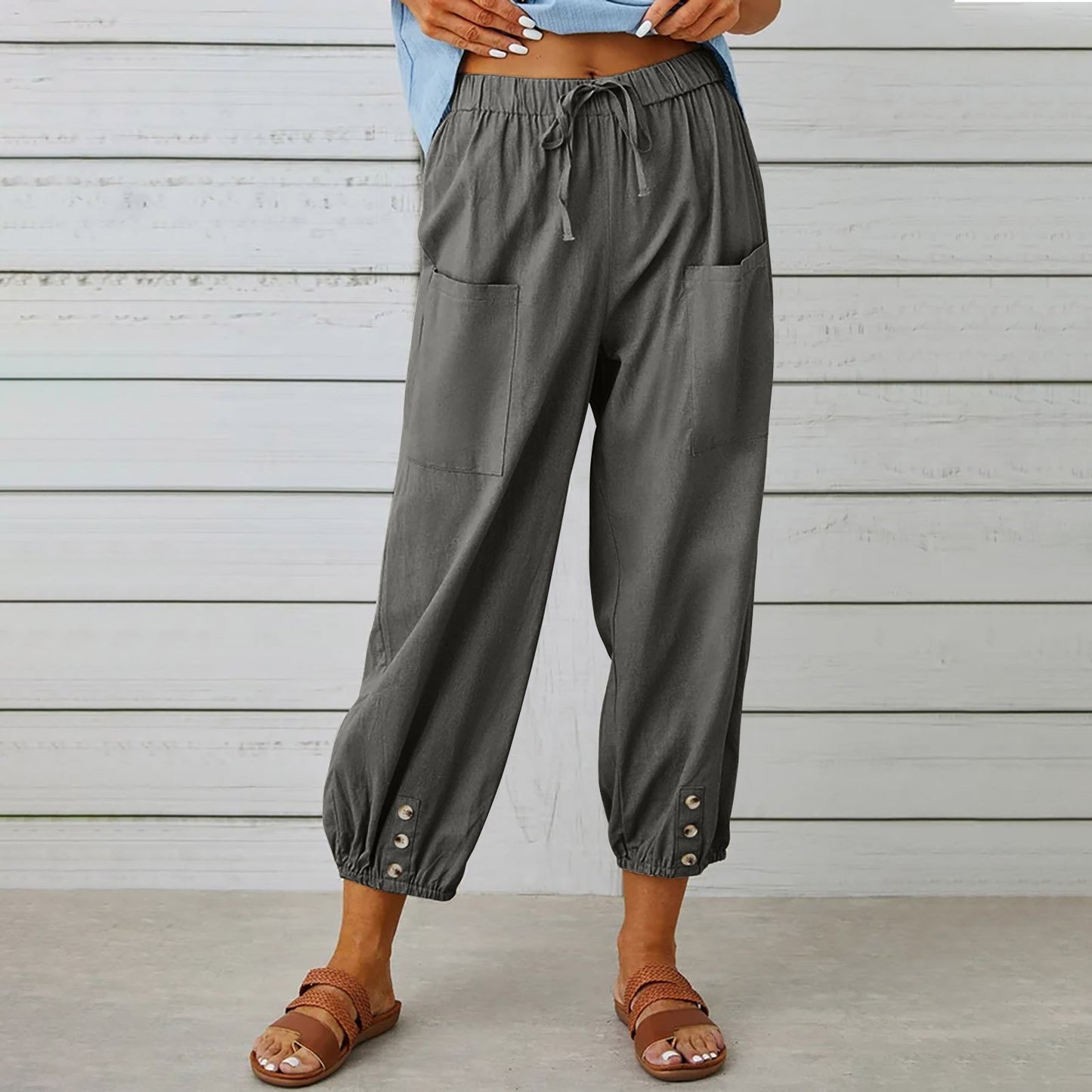 Women's Drawstring Tie Cotton Linen Trousers With Pockets Casual Style