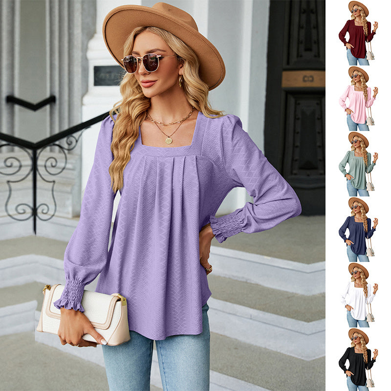 Women's Jacquard Pleated Solid Colour Long Sleeve Pullover Top Casual - LAKD London