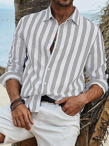 Men's Striped Long-Sleeve Cotton Summer Casual Breathable Shirt Everyday