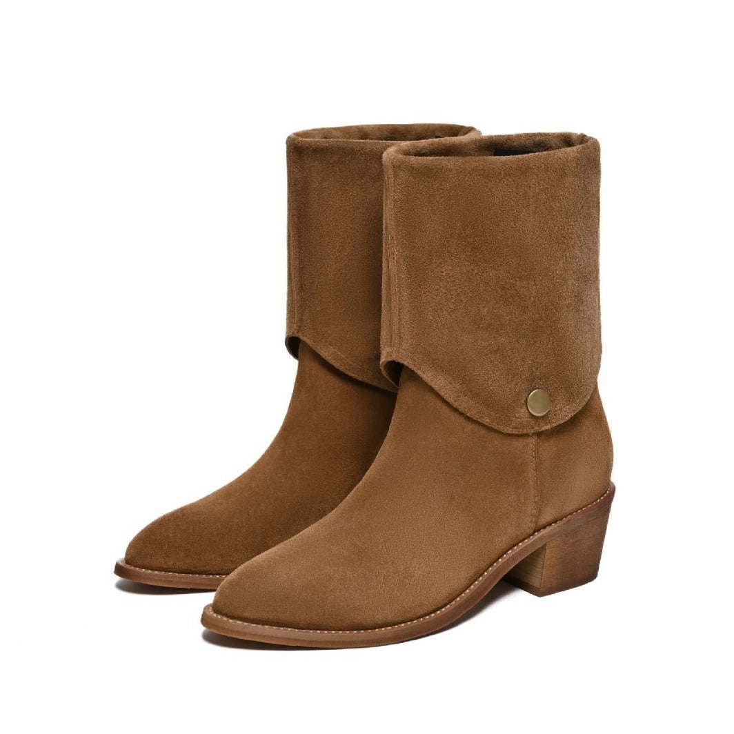 Women's Matte Cowhide Western Pointed Toe Short Tube Ankle Boots