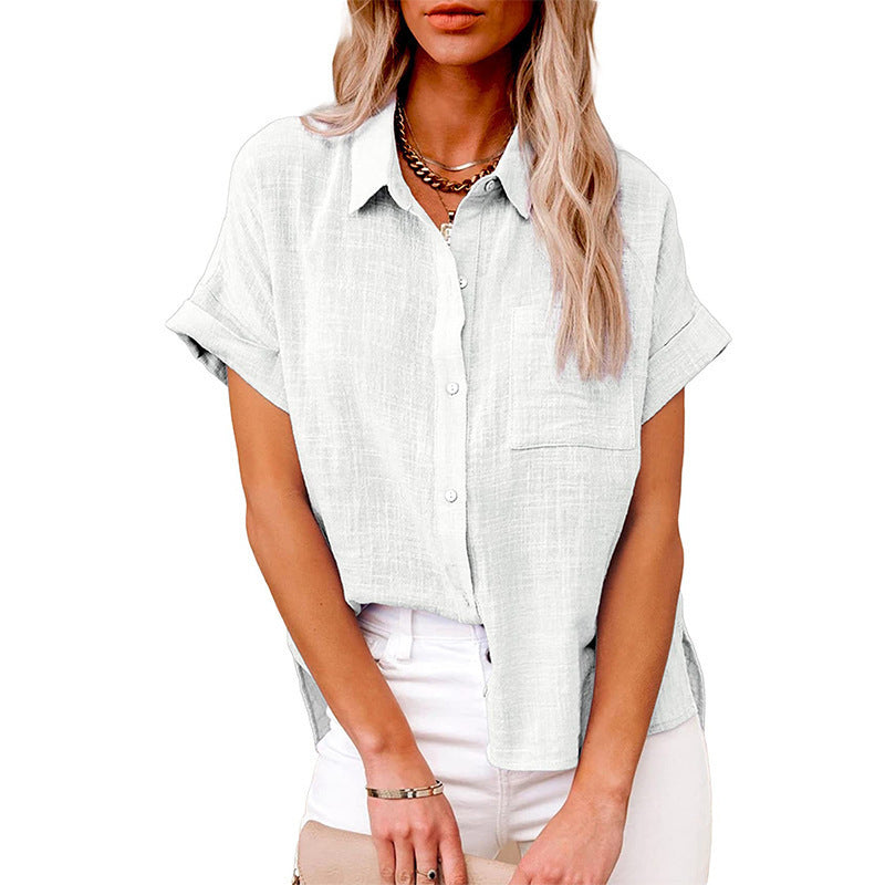 Women's Summer Cotton Short Sleeve Linen Lapel Button Shirt - LAKD London