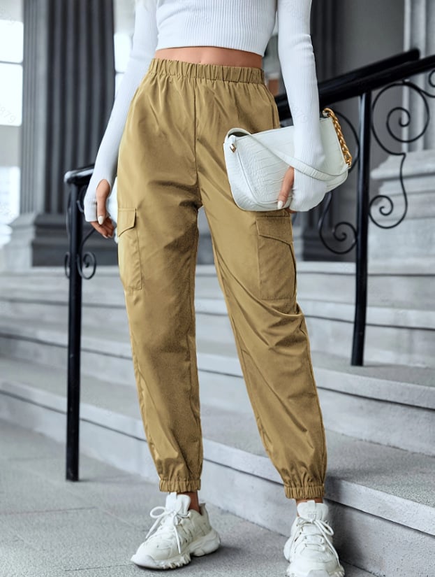 Women's Casual Cargo Pants Elastic Waist Slim Fit Utility Style