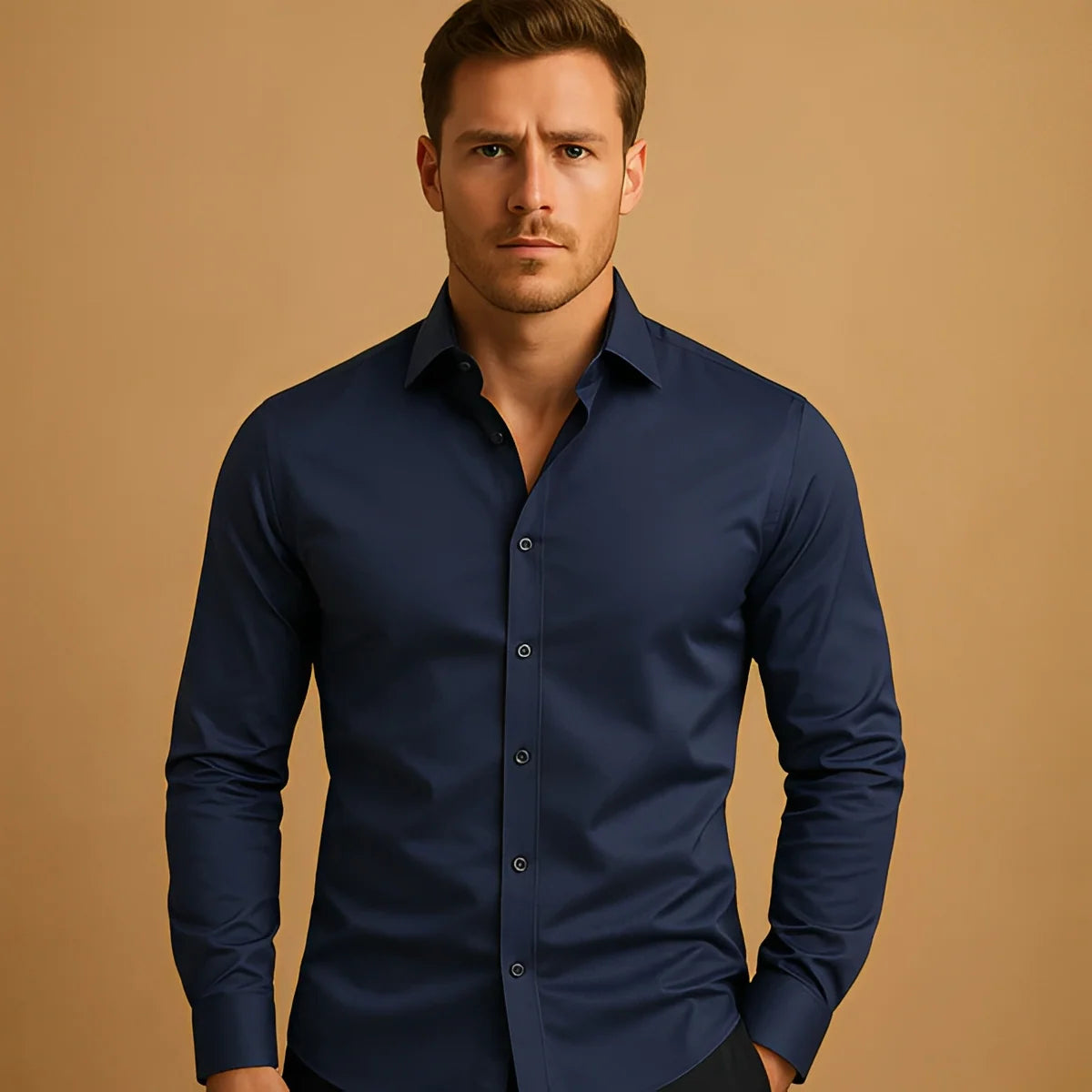Men's solid color button-down long sleeve summer lapel shirt by LAKD, shown in a relaxed fit on a mannequin.