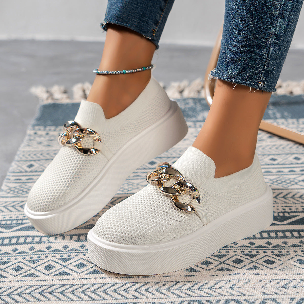 Women's Breathable Mesh Chain Flats Comfortable Casual Walking Shoes