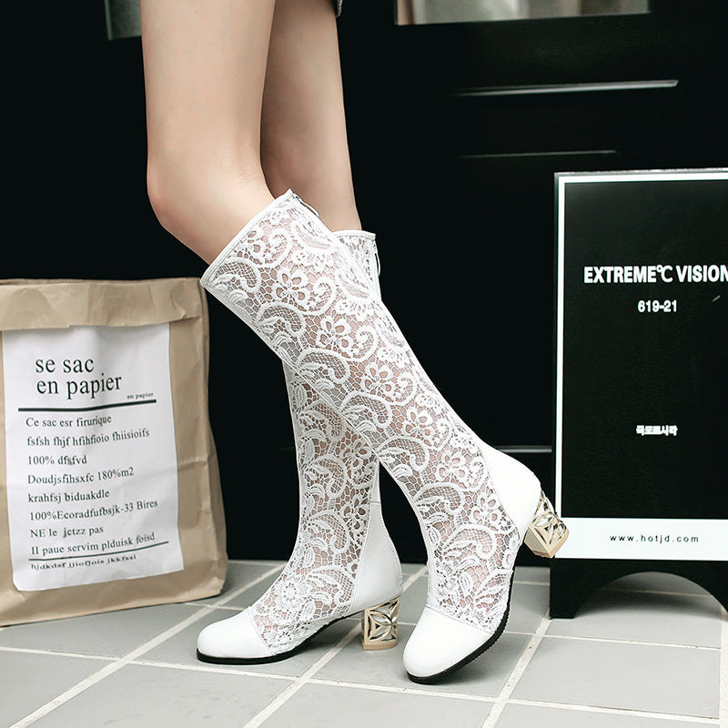 Women's Round Toe Stitching Lace Back Zip Chunky Heel Boots - LAKD London