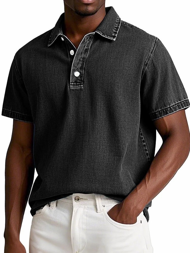 Men's Solid Colour Vintage Short Sleeve Lapel Polo Shirt Casual