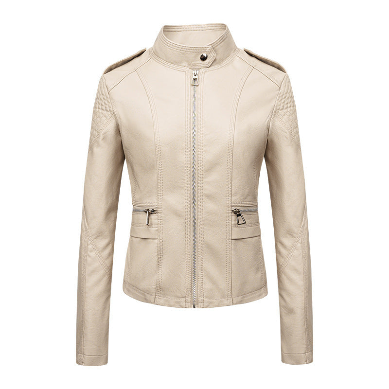 Women's Slim Fit PU Leather Motorcycle Jacket with Zipper Design