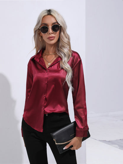 Women's Premium Satin Solid Color Button Front Lapel Blouse Shirt - LAKD London