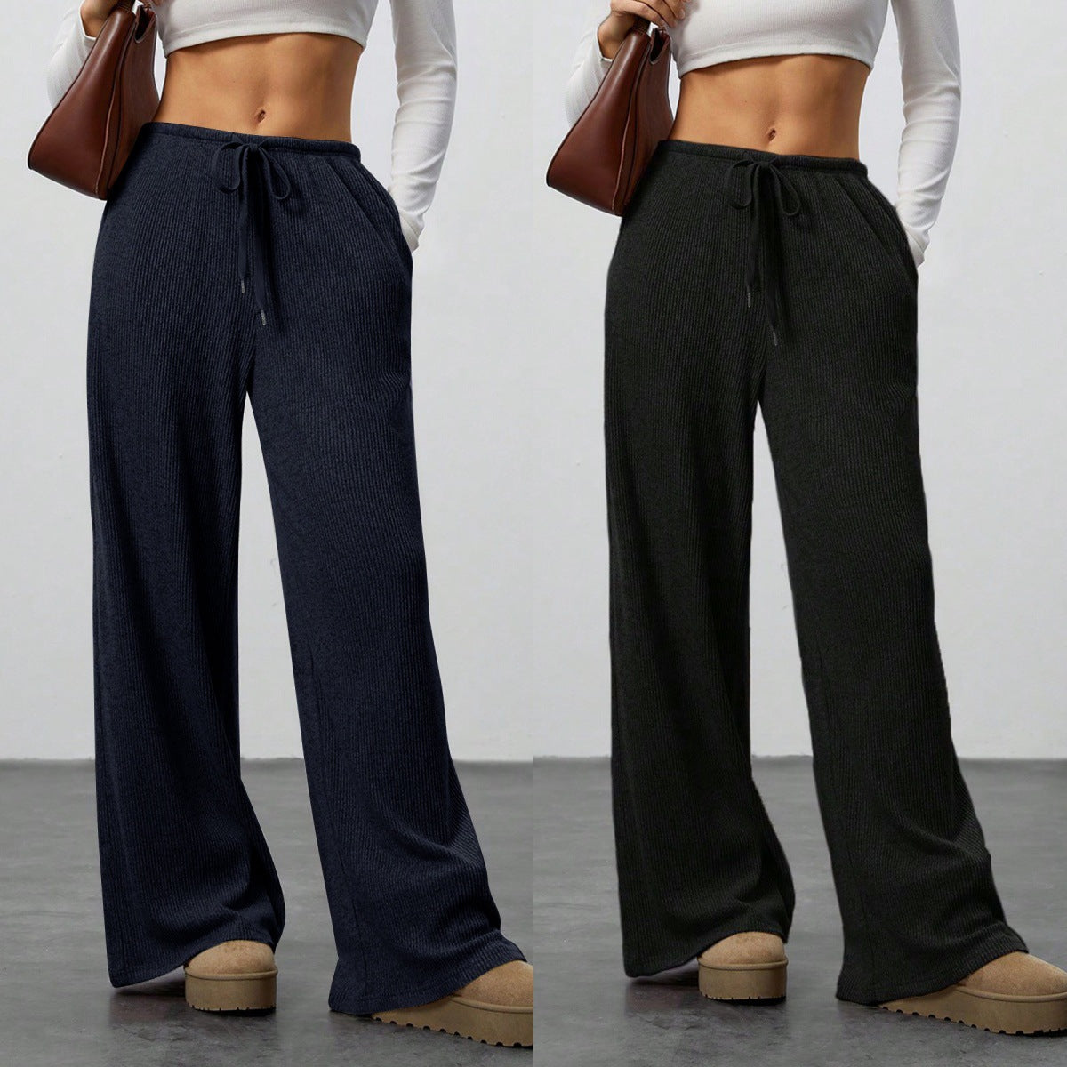 Women's Solid Colour Loose Wide Leg Drawstring Casual Trousers Style