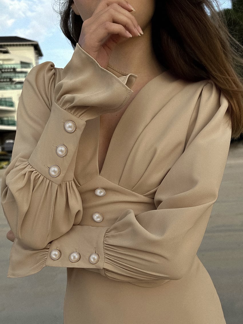 Women's V-Neck Slim Fit Elegant French Chiffon Midi Dress