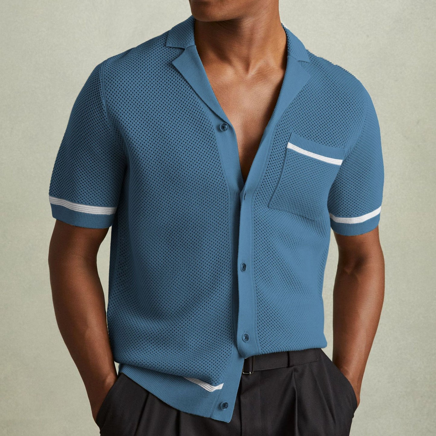 Men's Summer Knit Cuban Collar Short Sleeve Polo Shirt Casual
