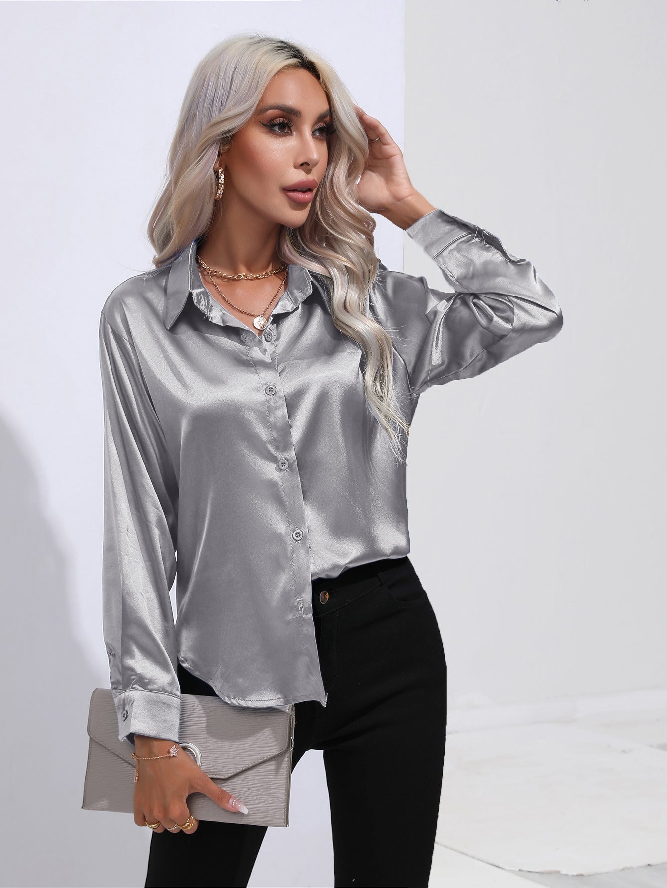 Women's Premium Satin Solid Color Button Front Lapel Blouse Shirt - LAKD London